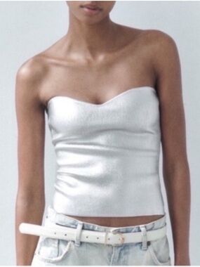Zara Silver Strapless Metallic Silver Bustier Top